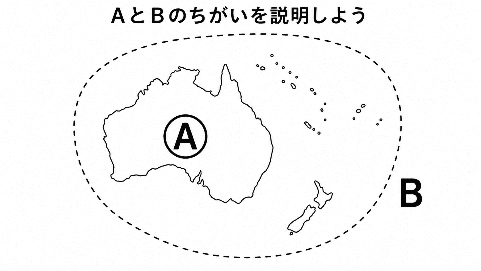 オーストラリア大陸とオセアニア州の違いを答えるための白黒図