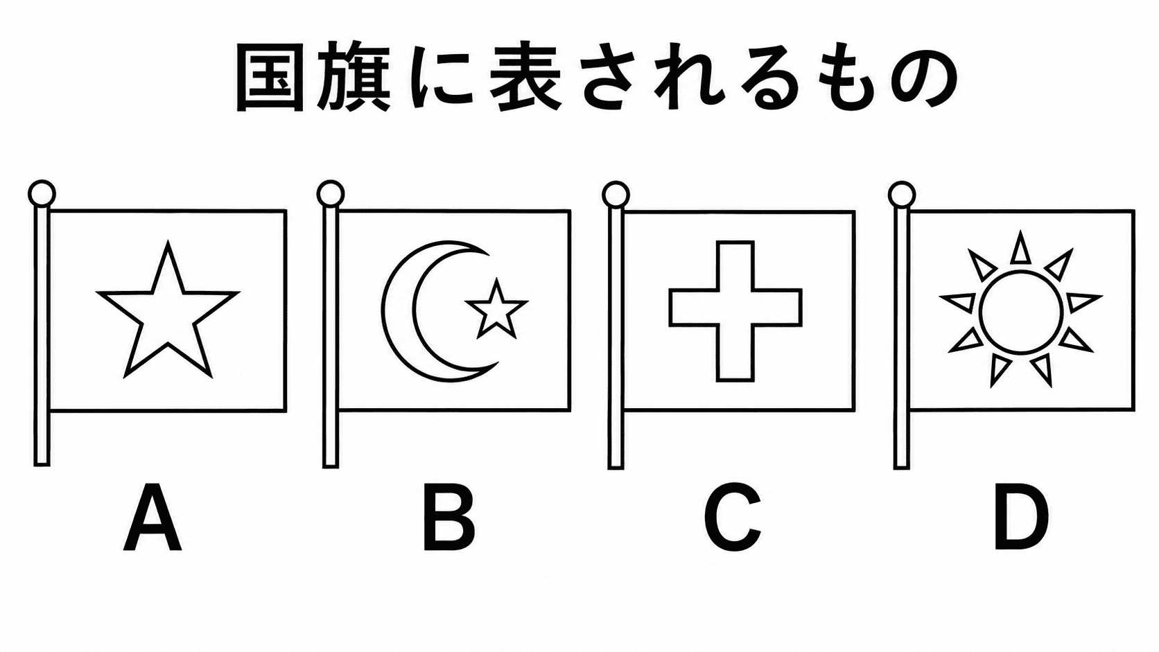 国旗に使われる星・月・十字などの記号の意味を問うための白黒図