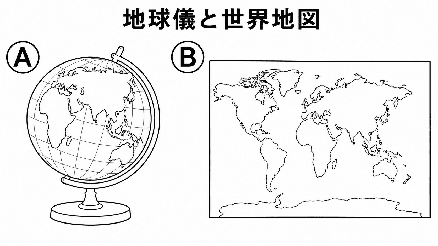 地球儀と世界地図の違いを答えるための白黒比較図