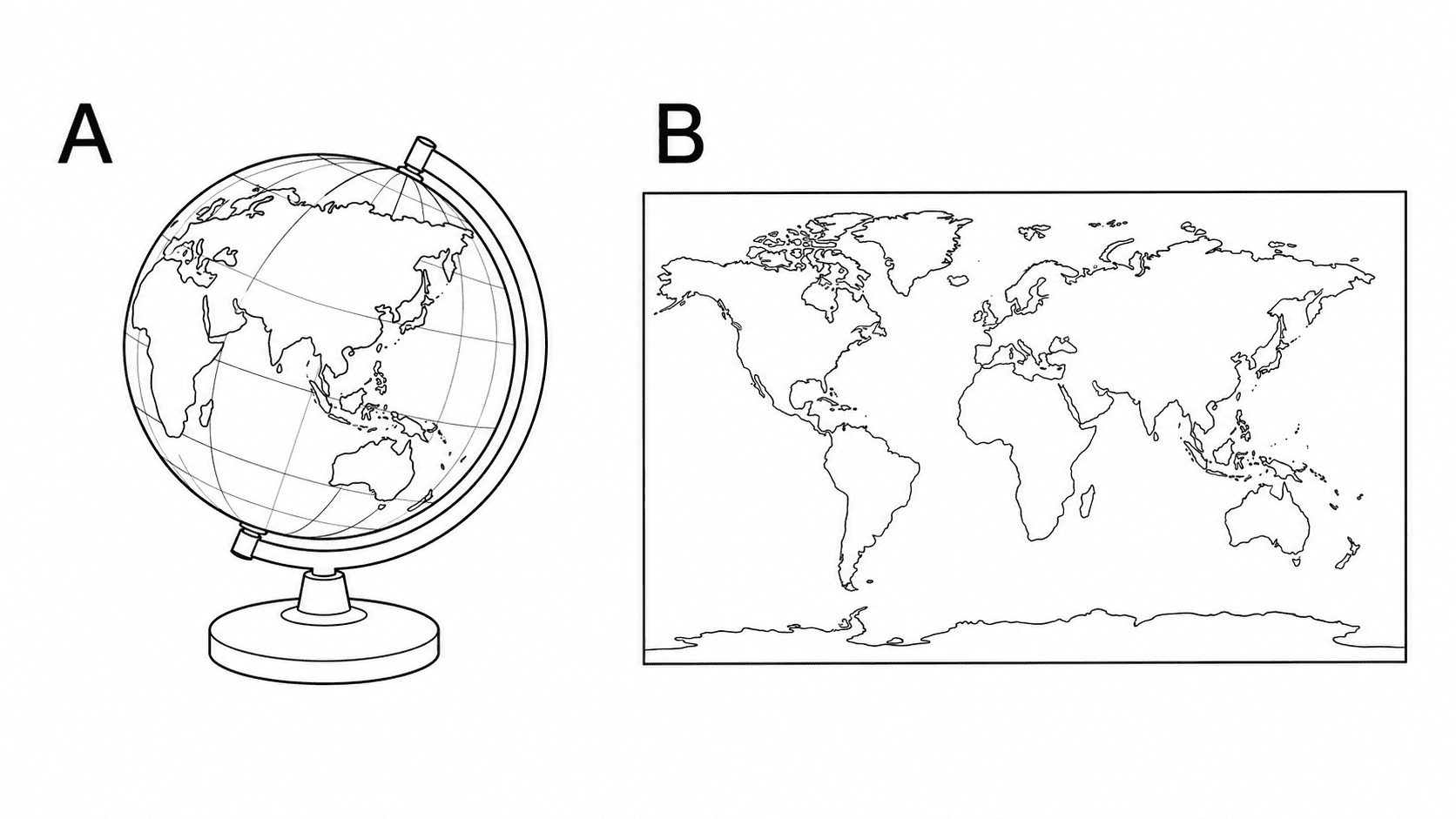 地球儀と世界地図をAとBで示したテスト用の白黒図版