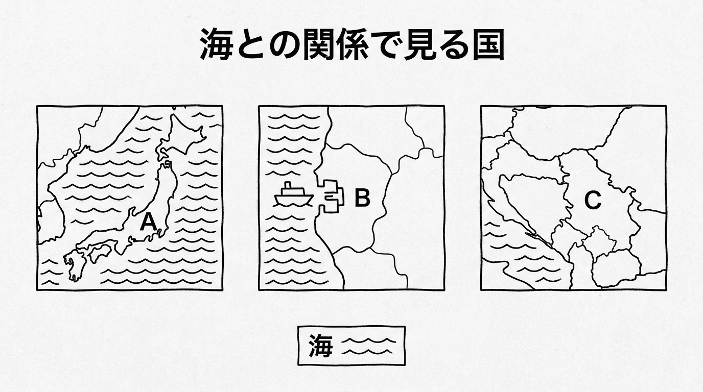 島国・海洋国・内陸国の違いを問うための白黒模式図