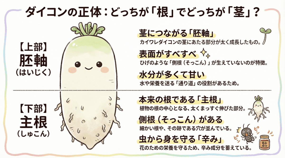 「ダイコンは大きな根？」上部が胚軸で側根なし、下部が主根で側根ありを説明した図解イラスト