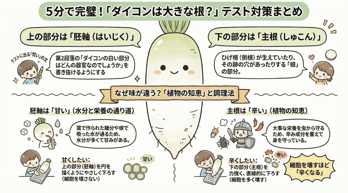「ダイコンは大きな根？」のテスト対策ポイントを説明した図解イラスト