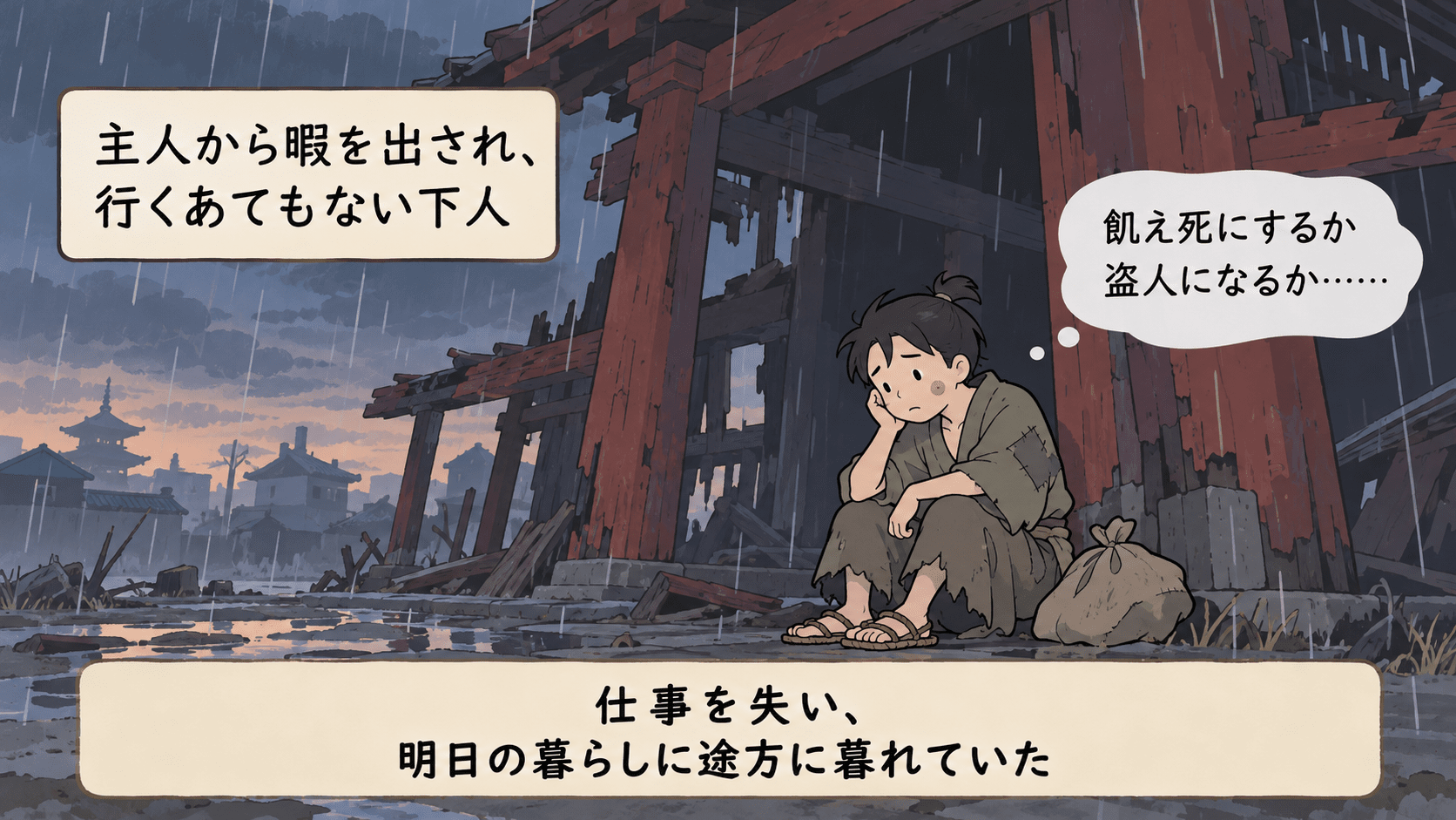 荒れ果てた羅生門の下で、主人から暇を出され、飢え死にするか盗人になるか迷う下人を描いたあらすじ図解