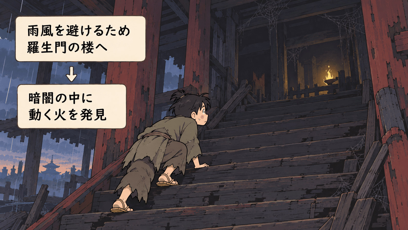 羅生門の楼へ上った下人が、暗闇の中で動く火を見つけ、生きている何者かがいると気づく場面の図解