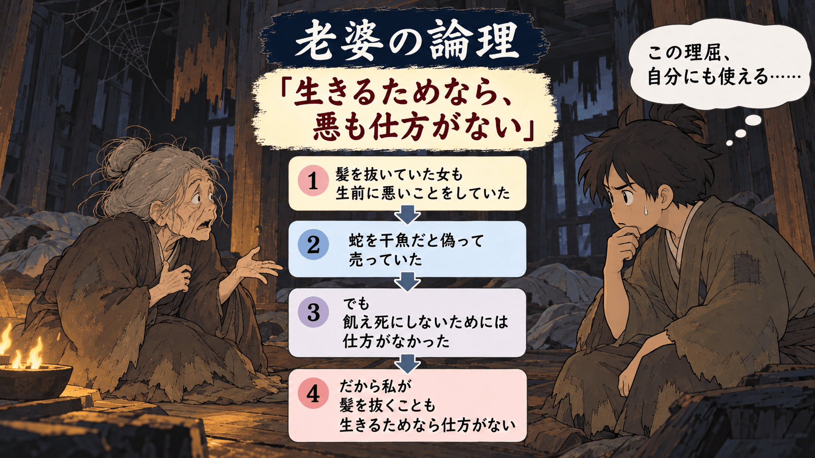 老婆が、死骸の女も生きるために悪をしていたのだから、自分が髪を抜くことも仕方がないと説明する論理を示した図解