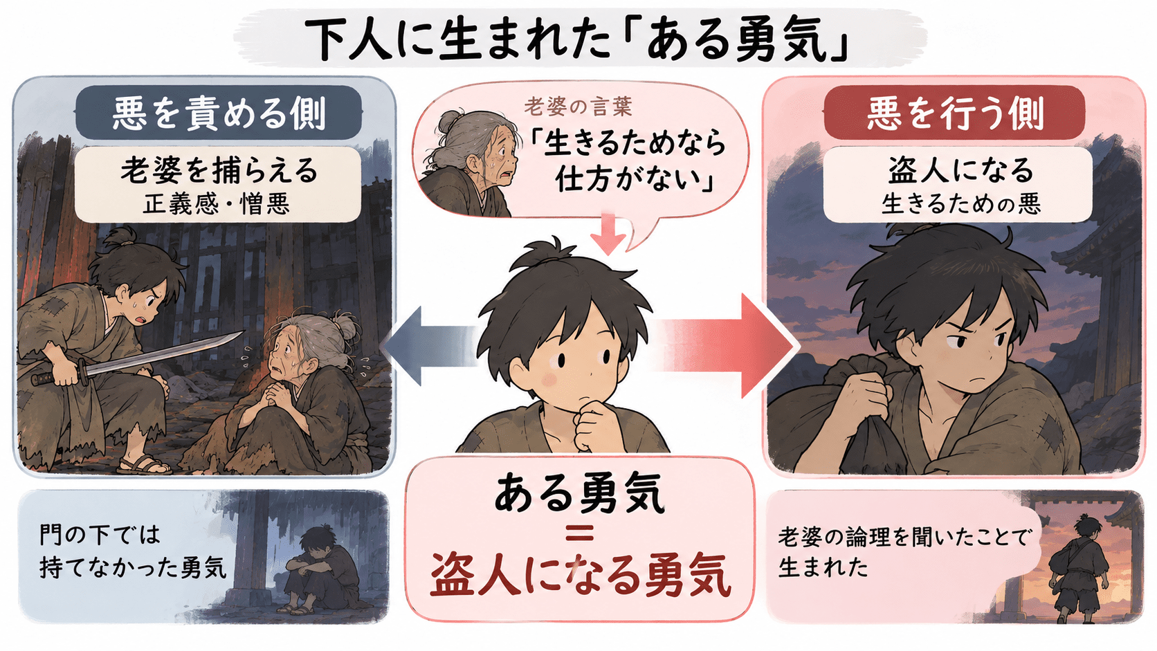 老婆の「生きるためなら悪も仕方がない」という論理を聞き、下人に盗人になる勇気が生まれる場面の図解