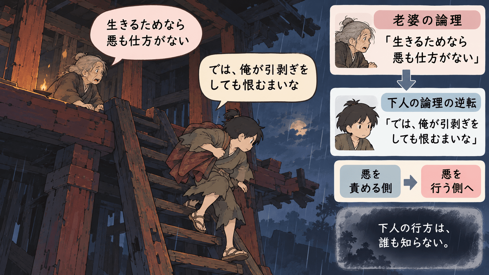 下人が老婆の着物を奪い、羅生門から夜の闇へ逃げ去り、悪の世界へ踏み出す最後の場面を描いた図解