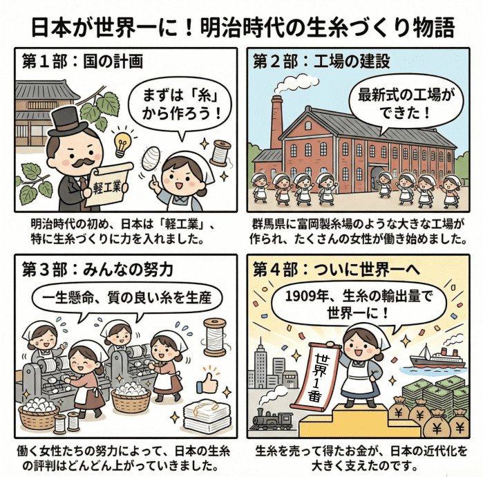明治時代の生糸づくりについて小学生向けに説明する4コマ漫画