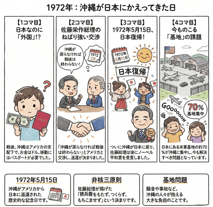 沖縄返還について説明する小学生向けの四コマ漫画