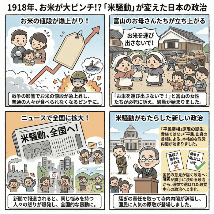 米騒動について小学生向けに説明する4コマ漫画