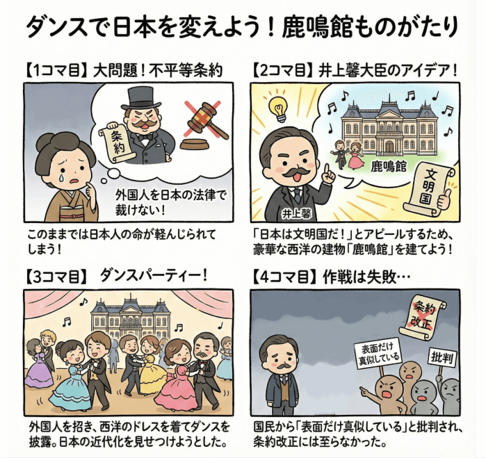 明治時代の鹿鳴館について説明する4コマ漫画