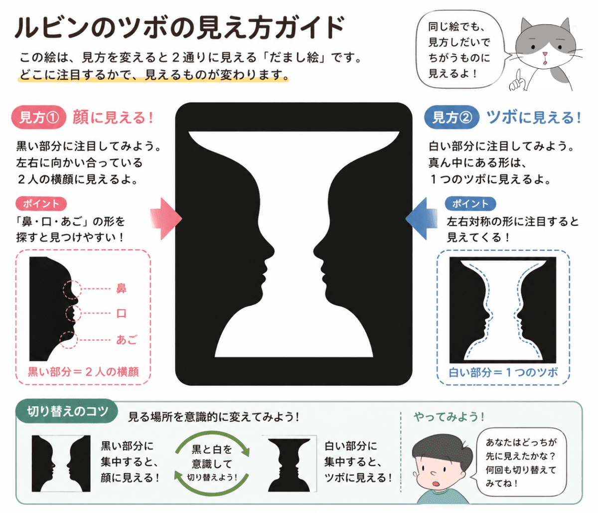 ルビンのツボのだまし絵の見え方を説明する図解イラスト