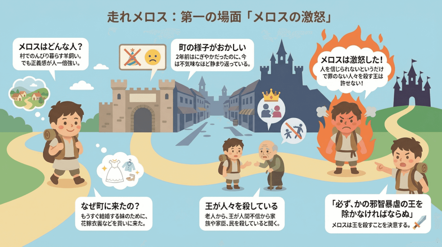 太宰治の「走れメロス」の第一の場面「メロスの激怒」を図解したインフォグラフィック