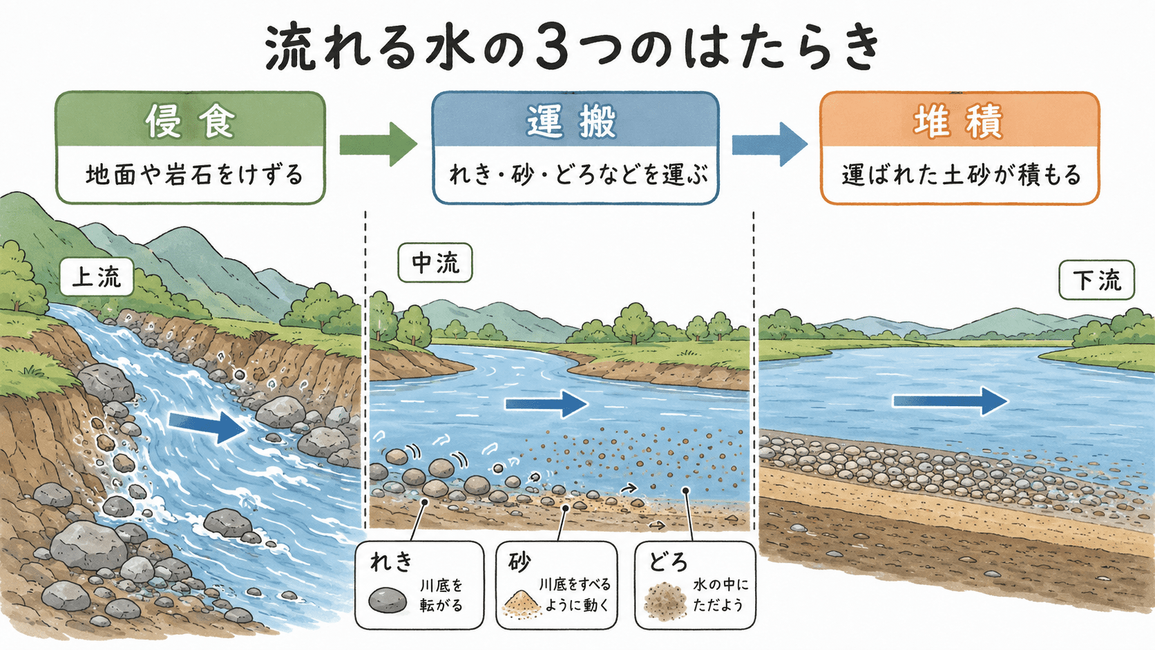 川の流れによる侵食・運搬・堆積の3つのはたらきを示した図