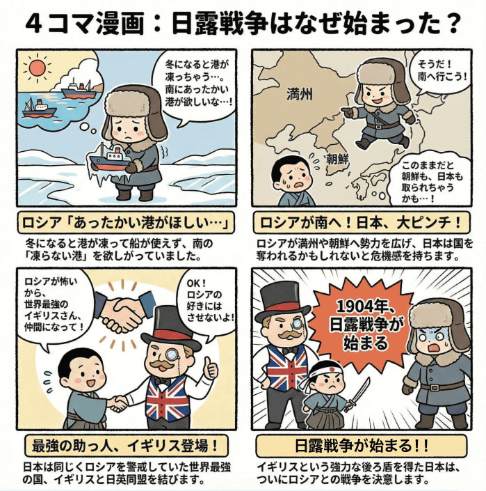 日露戦争はなぜ始まったかについて小学生向けに説明する4コマ漫画