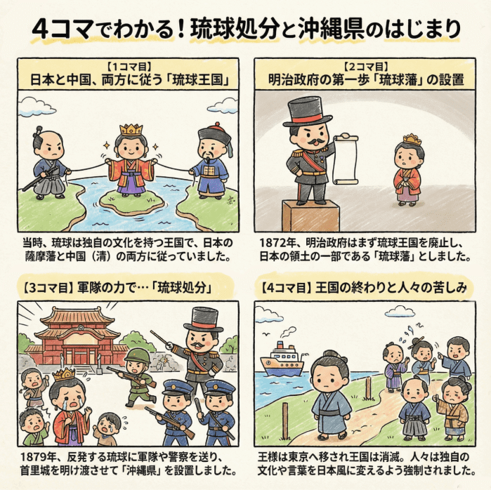 琉球処分と沖縄県のはじまりについて説明する4コマ漫画