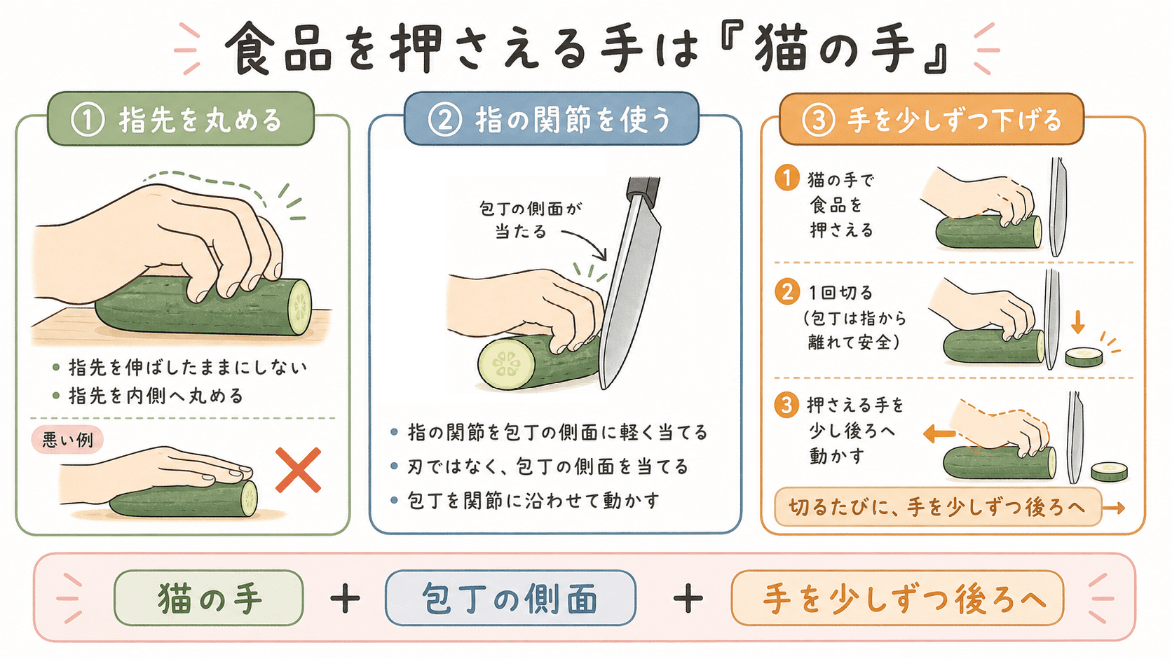 食品を押さえる手の指先を猫の手のように丸め、包丁の側面を指の関節へ軽く当て、切るたびに手を少しずつ後ろへ動かす方法を示した図解。