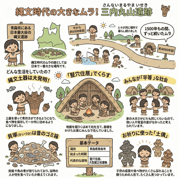 縄文時代の日本最大級の遺跡である三内丸山遺跡について説明する図解イラスト
