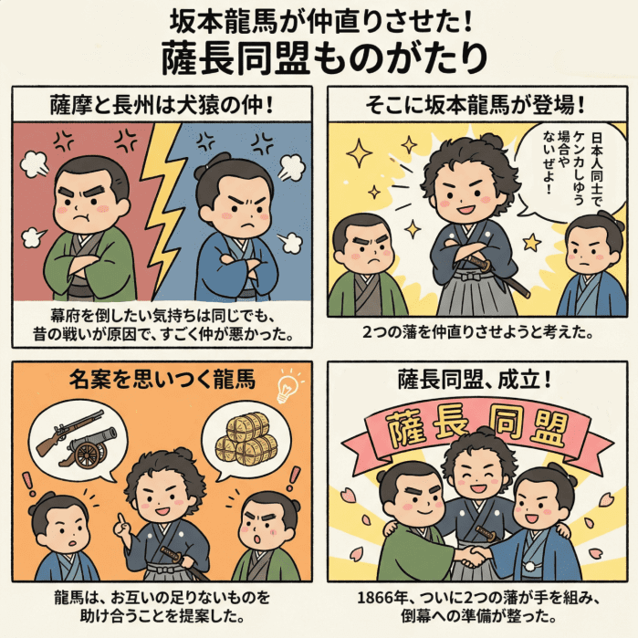 江戸時代の薩長同盟について説明する4コマ漫画