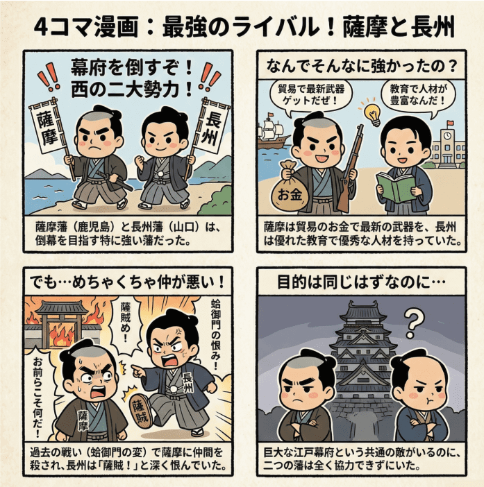 江戸時代の薩摩と長州が仲悪いことについて説明する4コマ漫画