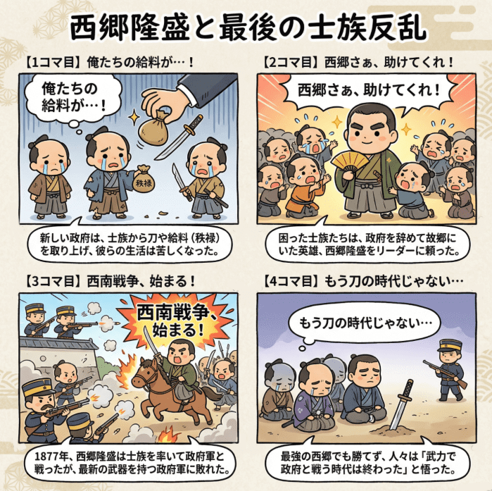 西郷隆盛と最後の士族反乱について説明する4コマ漫画