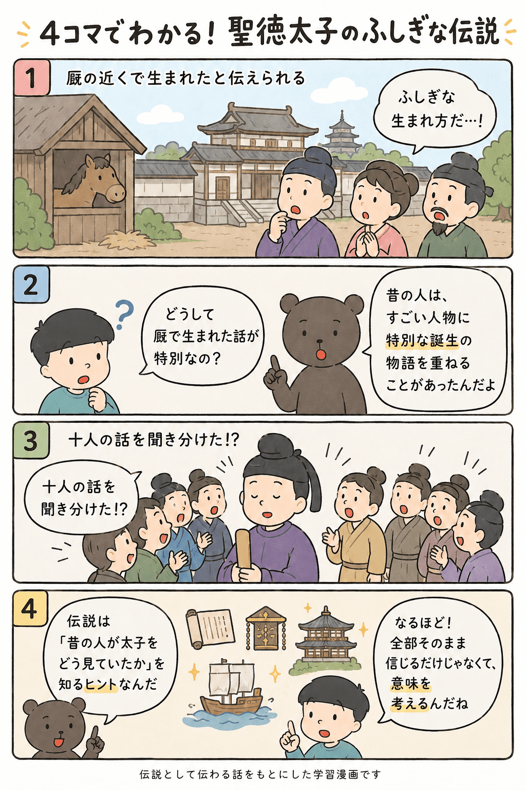聖徳太子の厩で生まれた伝説と十人の話を同時に聞いた伝説を、史実と伝説を分けながら学べる四コマ漫画