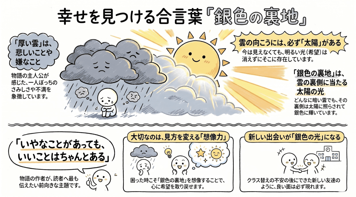 「銀色の裏地」のことわざの意味を説明する図解イラスト