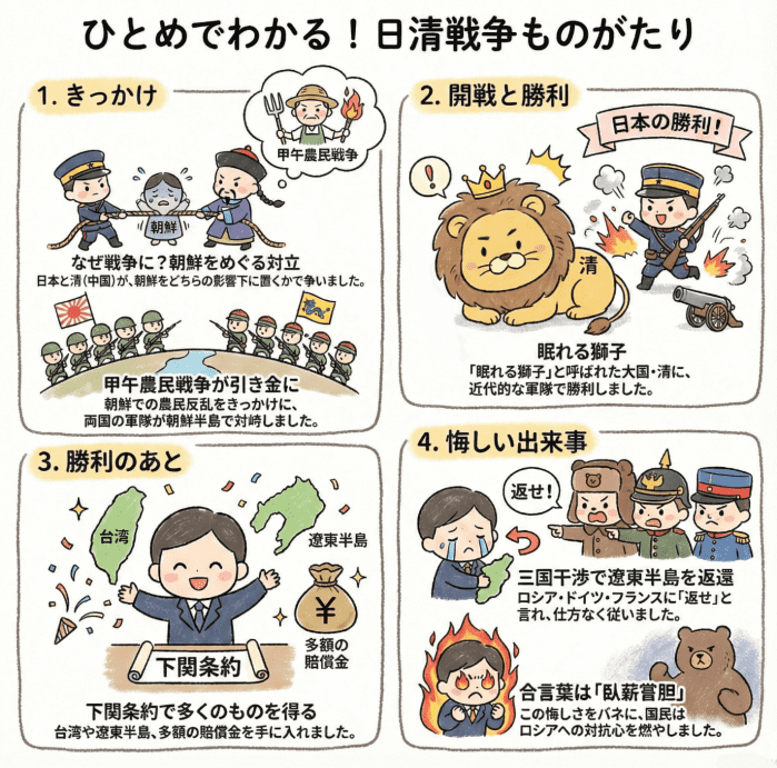 日清戦争のきっかけや勝利の後、三国干渉について説明する4コマ漫画