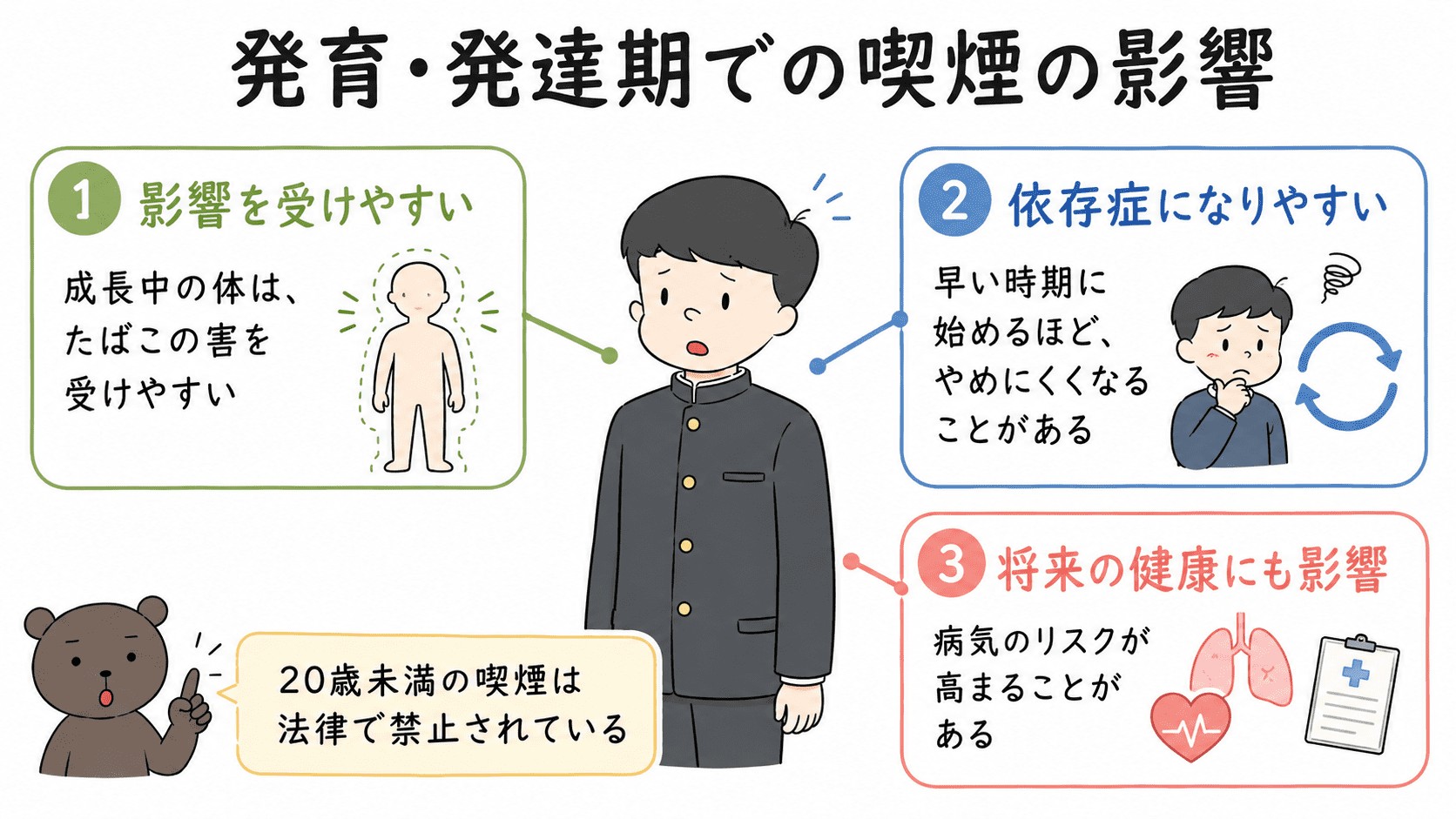 発育・発達期の体はたばこの害を受けやすく、早い時期の喫煙が依存症や将来の健康に影響することを示した図解