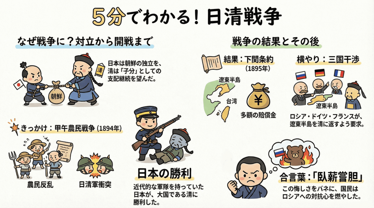 明治時代の日清戦争について説明する図解インフォグラフィック