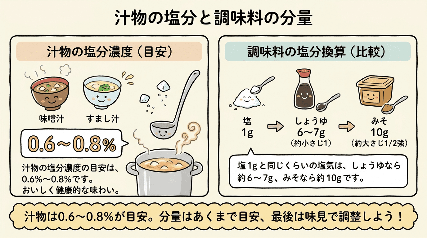 汁物の塩分は0.6〜0.8%が目安であり、塩1gと同じくらいの塩味になる量は、しょうゆ6〜7g、みそ10g程度であることを示した比較図。