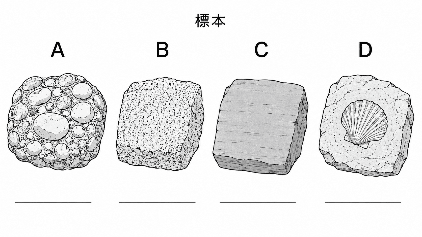 AからDの記号を付けた、れき岩・砂岩・泥岩・化石の標本を比較する問題図