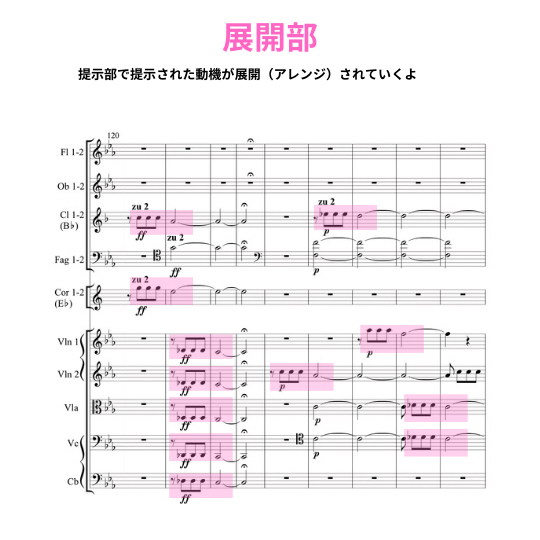 ベートーヴェン作曲「交響曲第5番」運命展開部の動機の楽譜と説明の図解イラスト