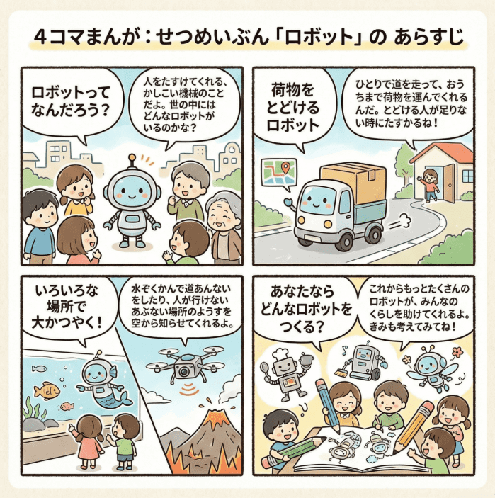 小学校2年生国語の「ロボット」について、あらすじを4コマ漫画で説明するイラスト