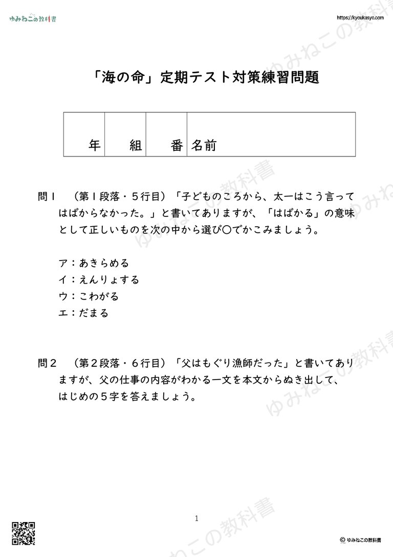 「海の命」定期テスト対策練習問題
