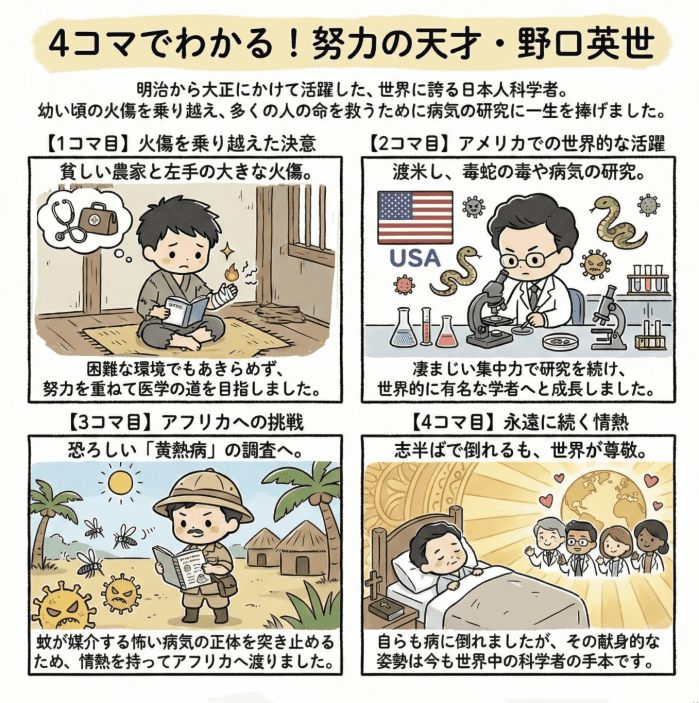 野口英世について小学生向けに説明する4コマ漫画