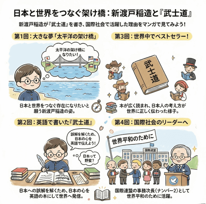 新渡戸稲造の武士道について小学生向けに説明する4コマ漫画
