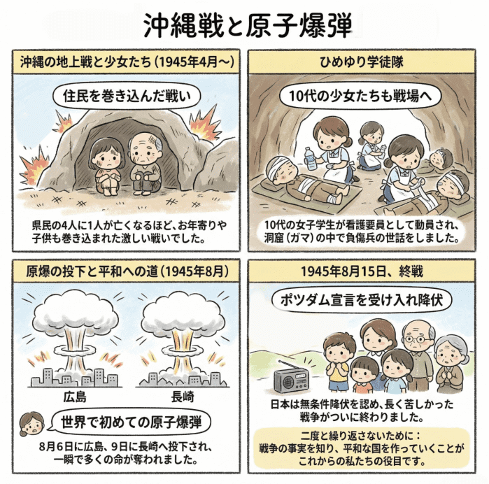 太平洋戦争における沖縄戦と原子爆弾を説明する小学生向けの四コマイラスト