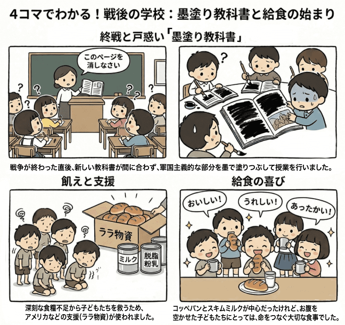 墨塗の教科書と求職の始まりを説明する小学生向けの四コマイラスト
