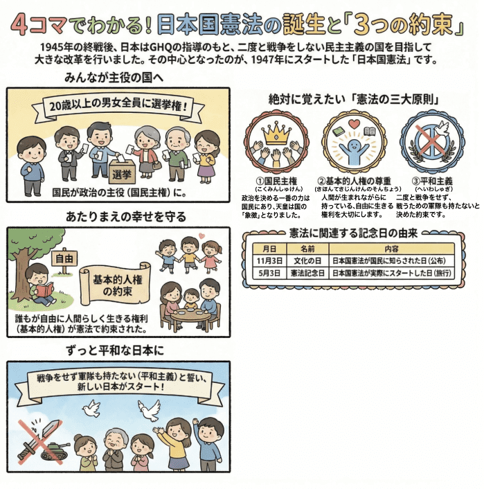 日本国憲法の誕生と３つの約束を説明する小学生向けの四コマイラスト
