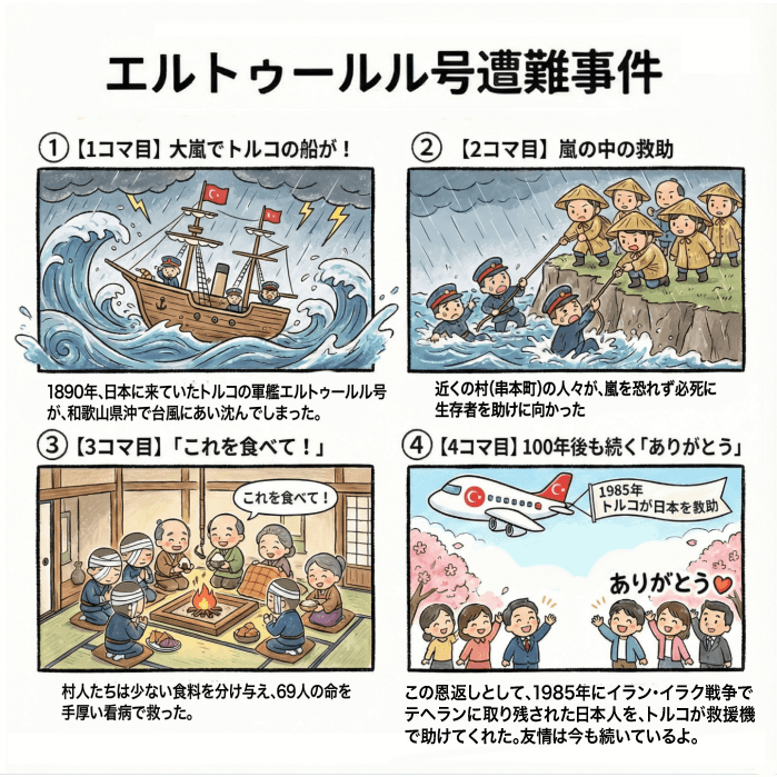 エルトゥールル号遭難事件について説明する4コマ漫画