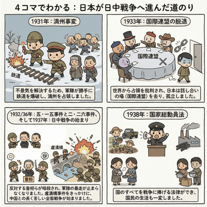 日中戦争への道のりについて説明する小学生向けの四コマ漫画