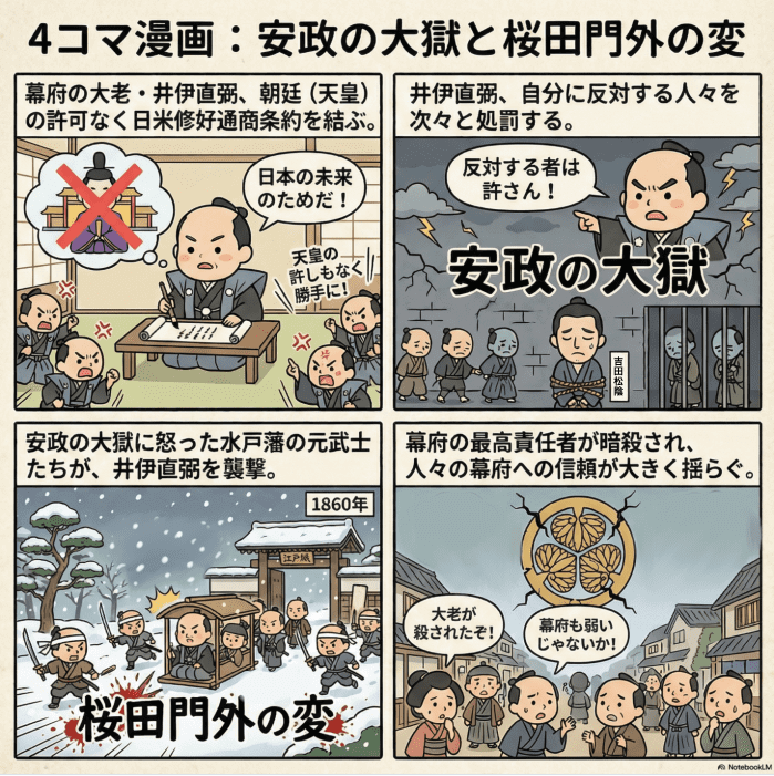 江戸時代の安政の大獄と桜田門外の変について説明する4コマ漫画