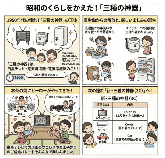 昭和家電の三種の神器について説明する小学生向けの四コマ漫画