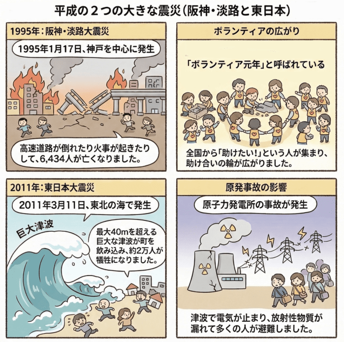 阪神淡路大震災と東日本大震災について説明する小学生向けの四コマ漫画