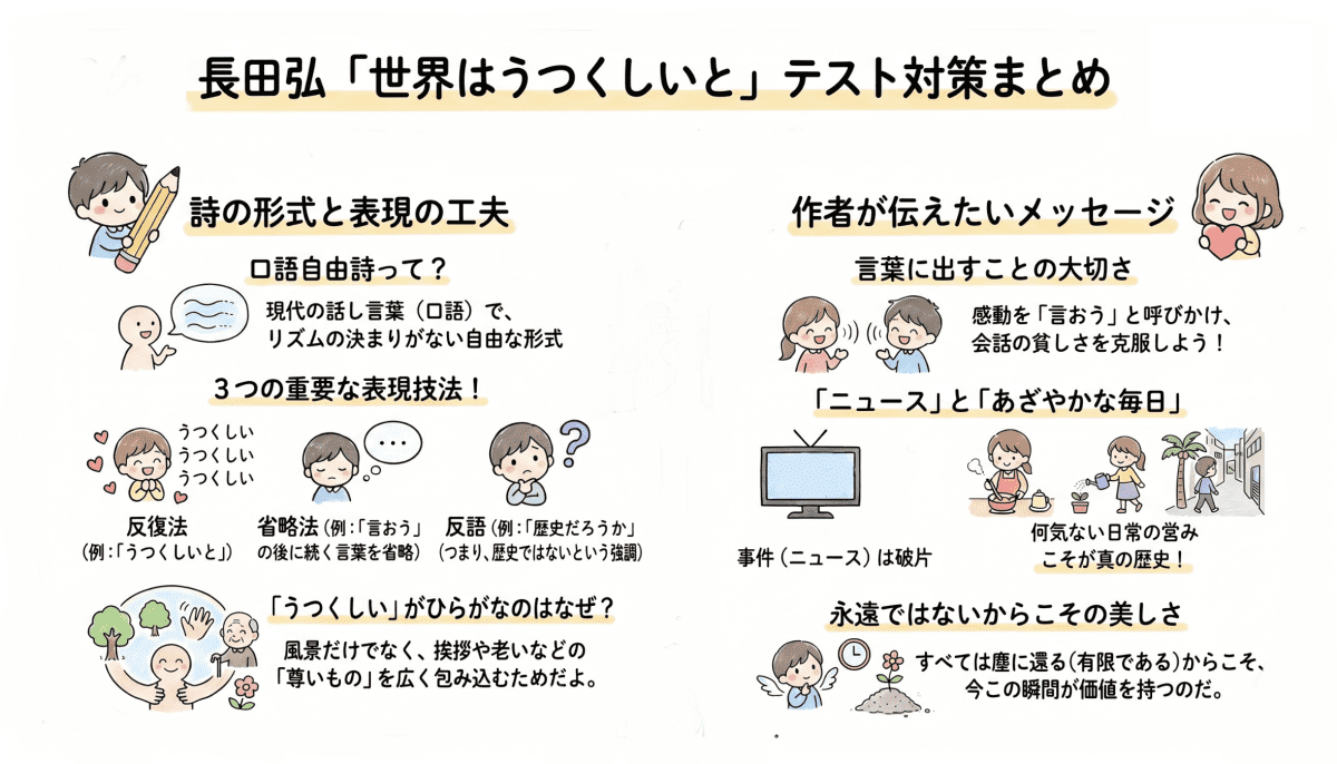 長田弘の詩「世界はうつくしいと」のテスト対策ポイントを説明する図解イラスト