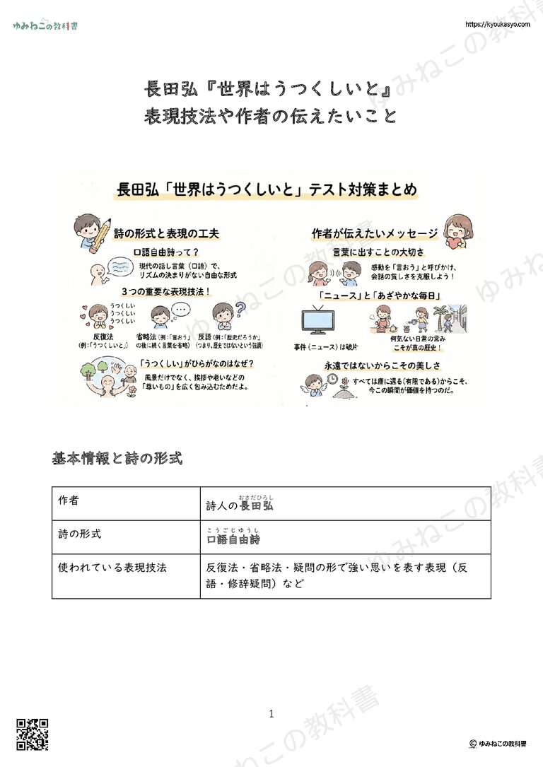 長田弘『世界はうつくしいと』表現技法や作者の伝えたいこと