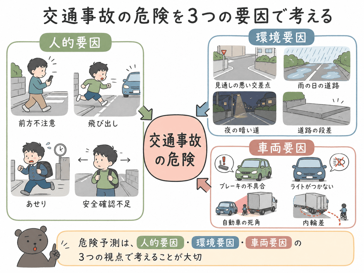 交通事故の危険を、人的要因・環境要因・車両要因の3つに分けて整理した図解