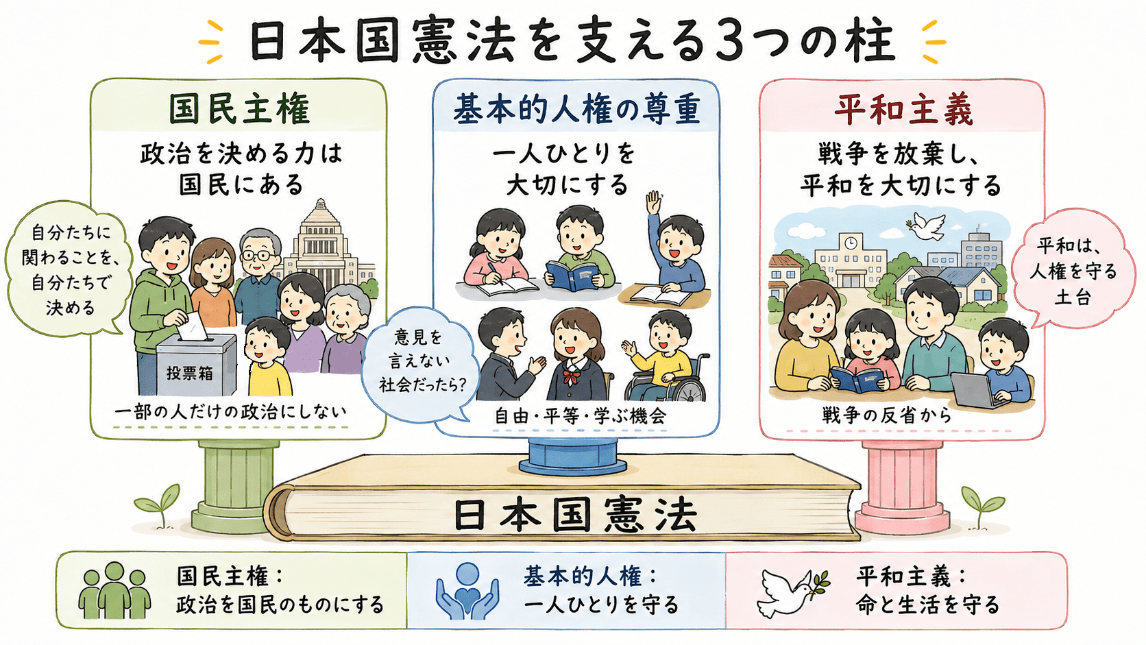 日本国憲法の三つの基本原理である国民主権、基本的人権の尊重、平和主義を、なぜ必要なのかという視点から整理した図解
